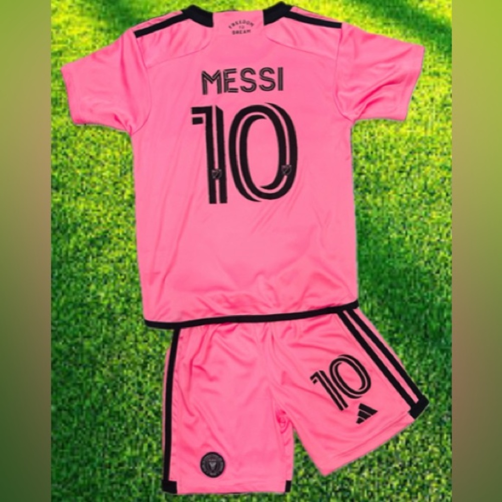 YOUTH Messi Adidas Soccer Jersey Kids Pink/Black Kit Jersey + Shorts 2pc Set